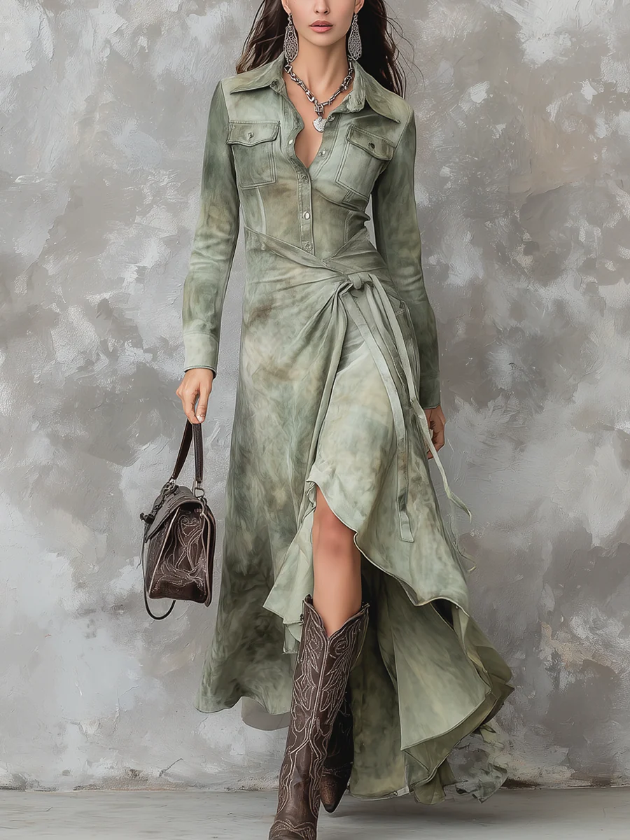 Vintage Sage Green Tie-Dye Pocket Slim Suede Maxi Dress