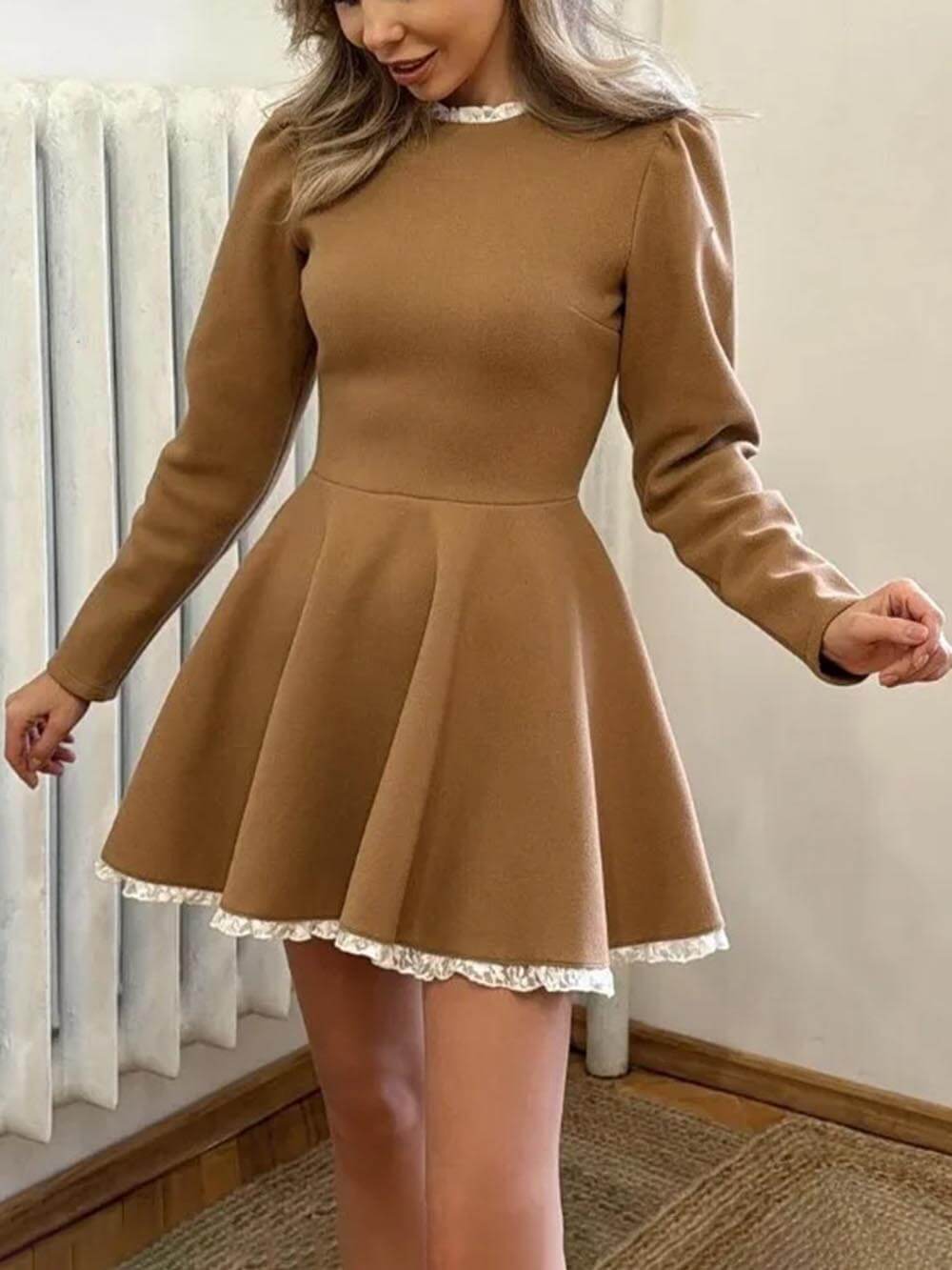 Elegant Lace Panel High Waist Long Sleeve Mini Dress