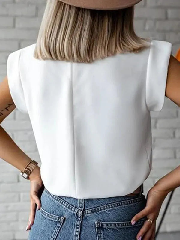 Cap Sleeve Loose Multi-Colored Printed High-Neck T-Shirts Tops