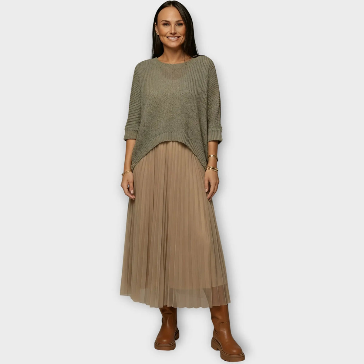 Layered Knit Top & Pleated Midi Skirt Set