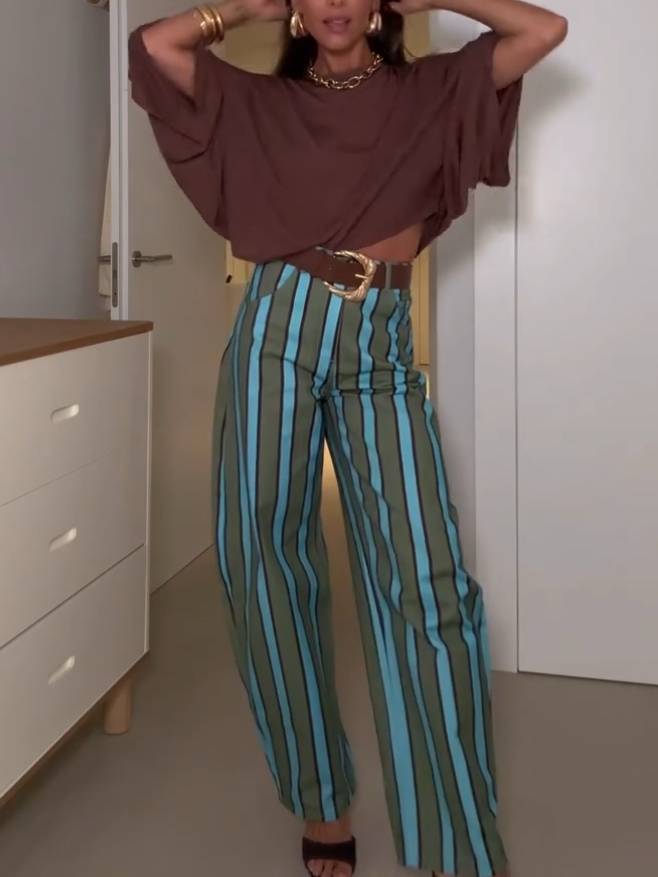 Loose T-Shirt And Striped Printed Pants Set-Pants