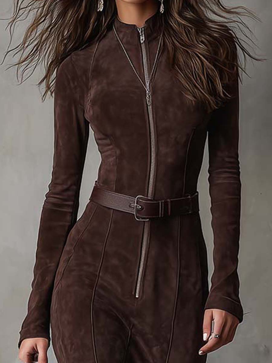 Vintage Brown Zipper Belted Maxi Dress