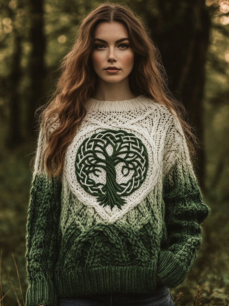 Women's Celtic Tree Of Life Jacquard Ombre Crew Neck Sweater