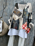 Cute Cat Japanese Art Patchwork Linen Blend Tunic