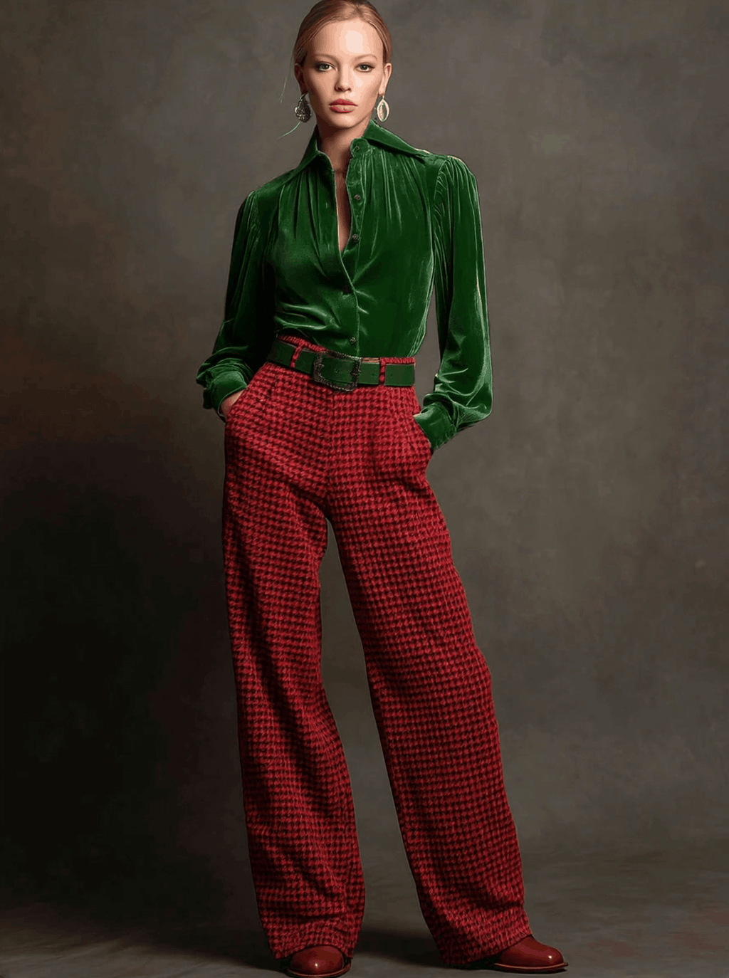 Retro Green Velvet Pleated Long-sleeved Shirt And Houndstooth Wide-leg Pants Set
