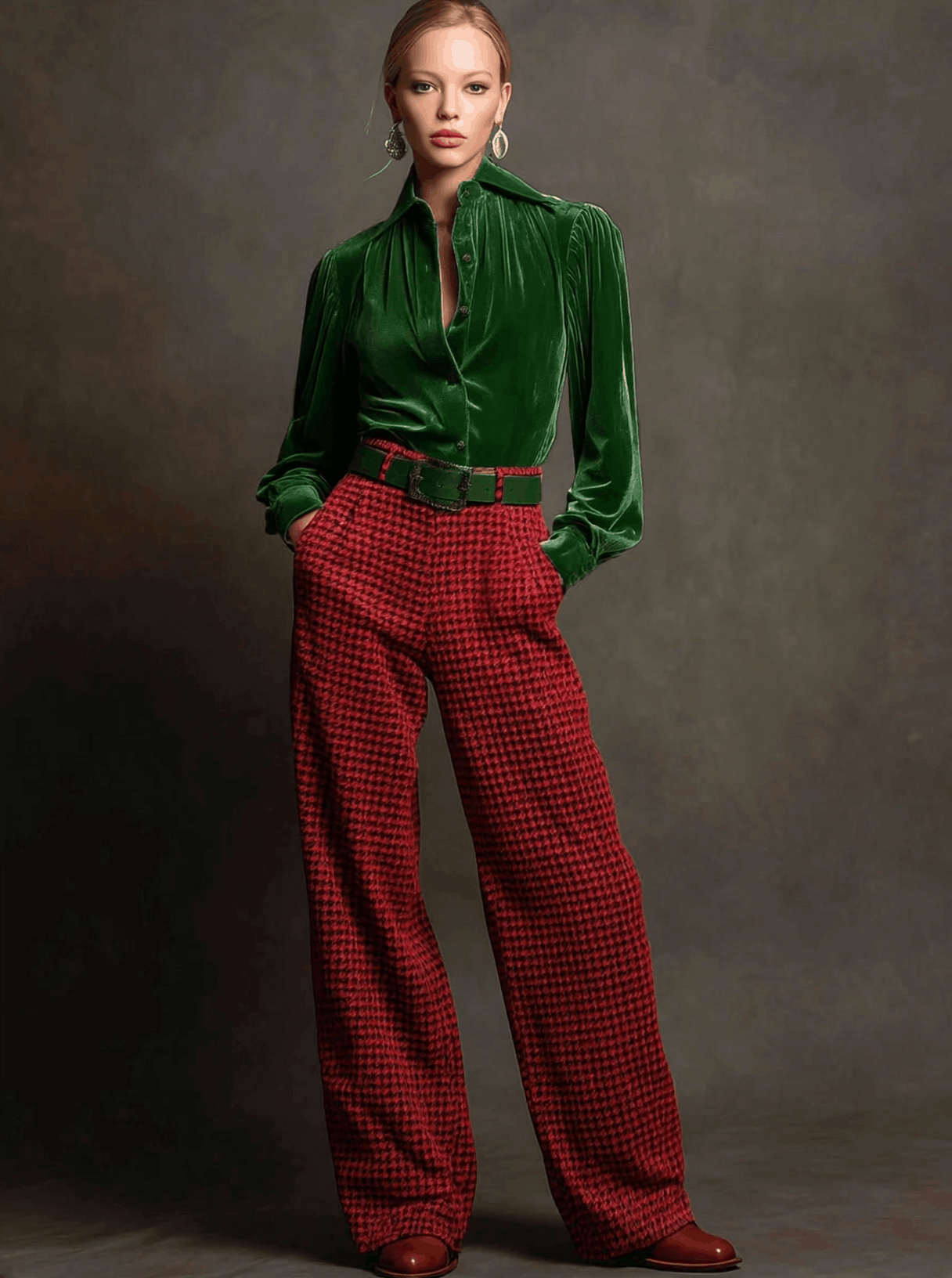 Retro Green Velvet Pleated Long-sleeved Shirt And Houndstooth Wide-leg Pants Set