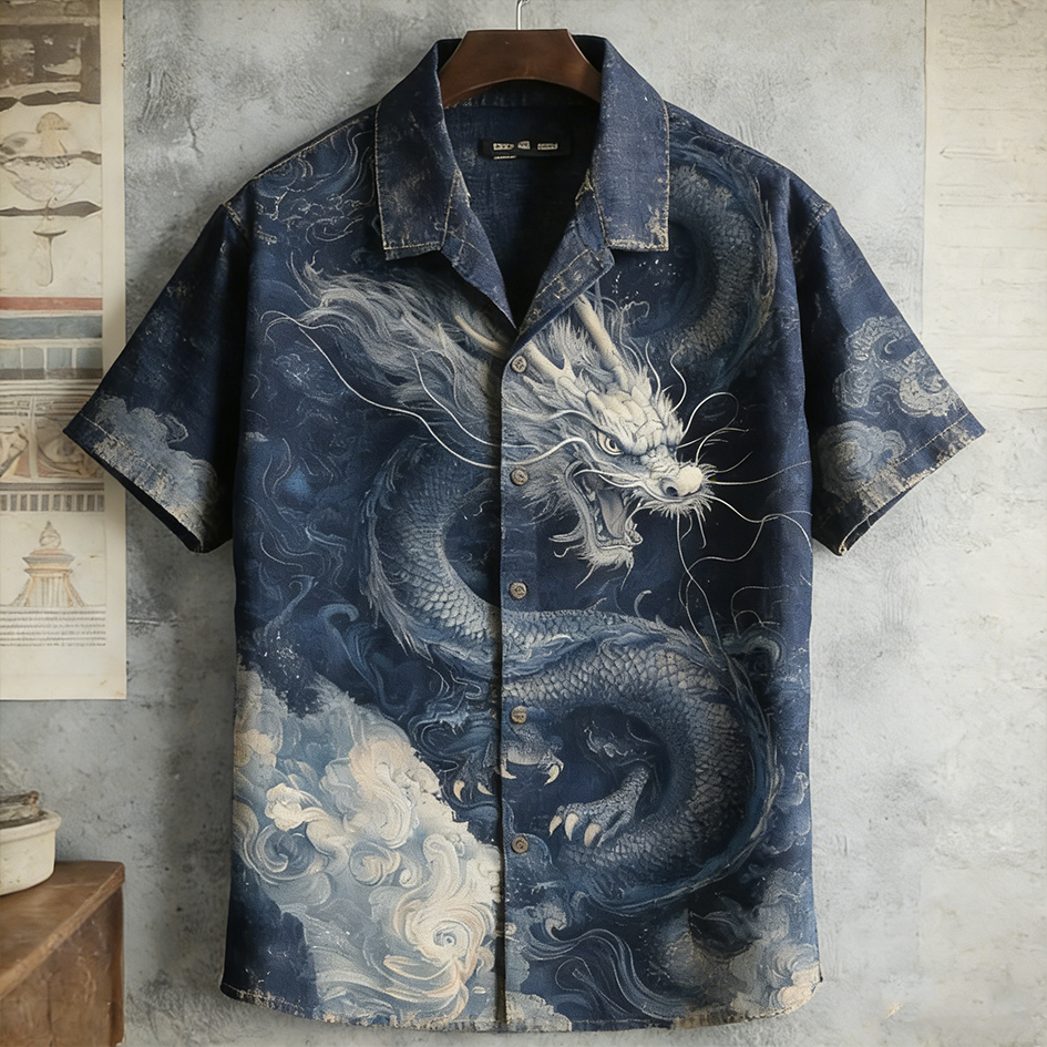 Japanese Art Retro Dragon Pattern Men's Short Sleeve Shirt