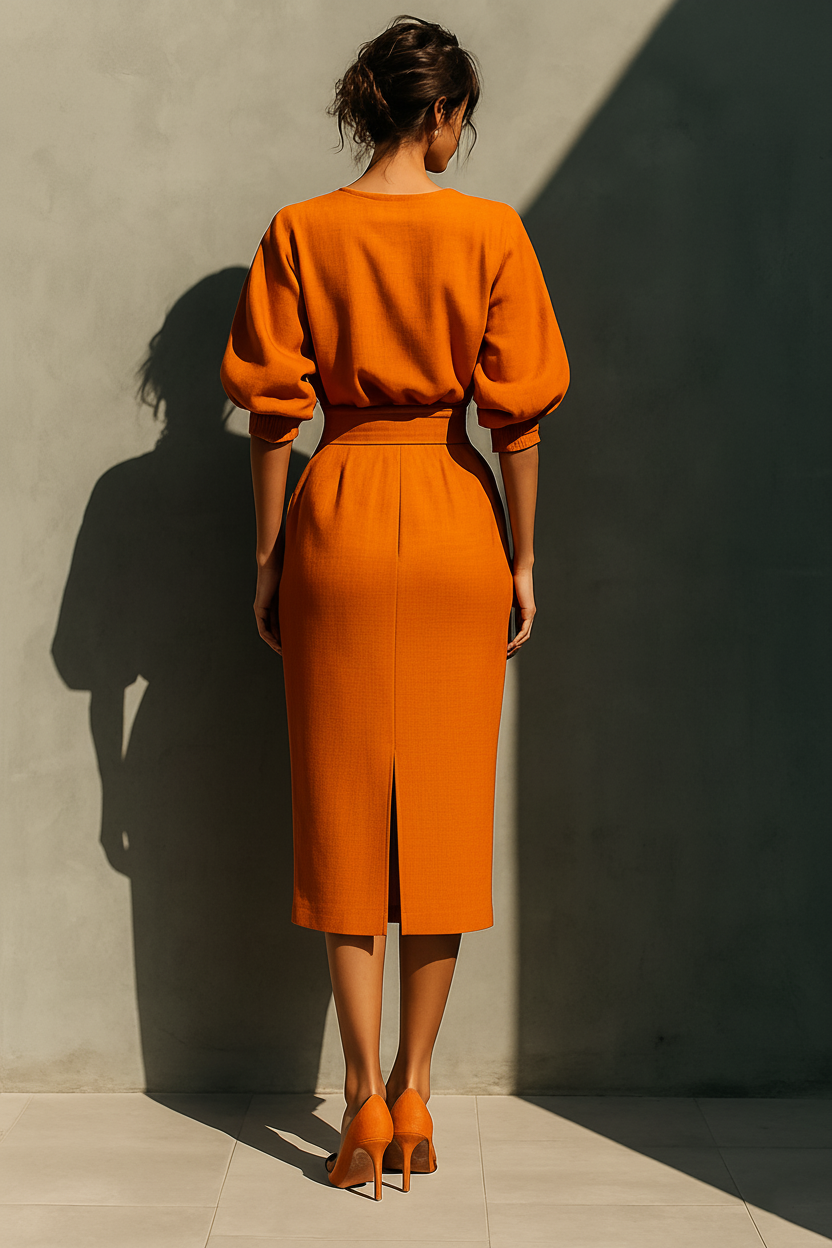 Women's Orange Mid-sleeve Top And Midi Skirt Set