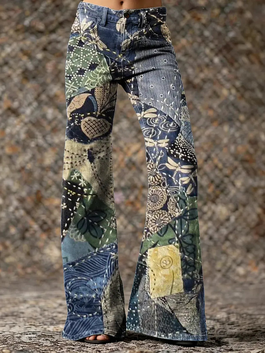 Ethnicity Texture Patchwork Dragonfly Women's Print Casual Wide Leg Pants