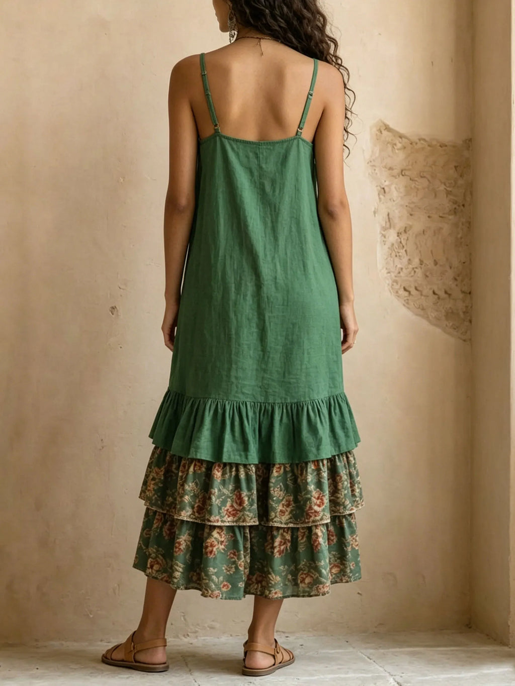 Womenâs Strap Multi-layer Ruffle Pockets Maxi Dress