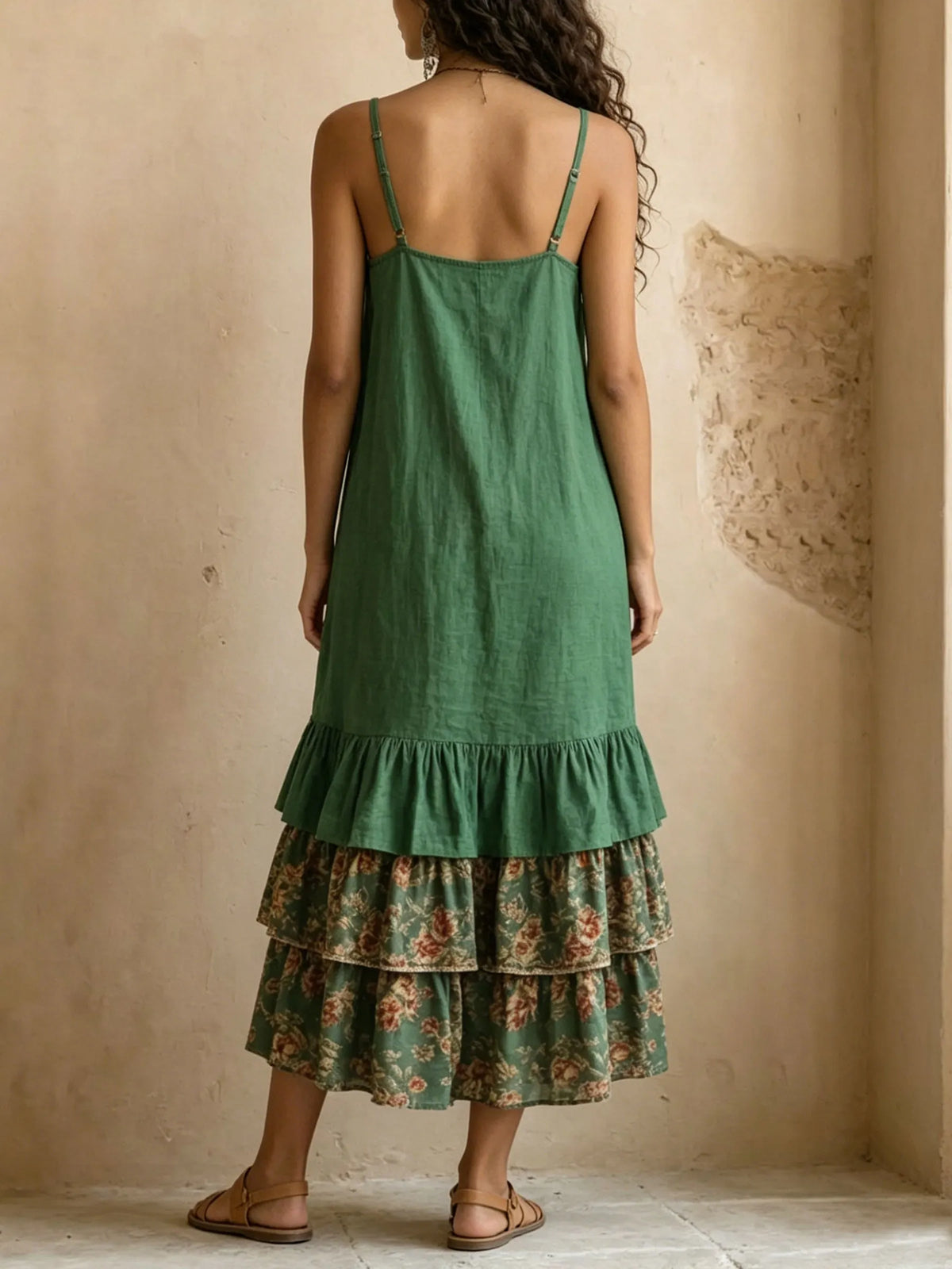 Womenâs Strap Multi-layer Ruffle Pockets Maxi Dress