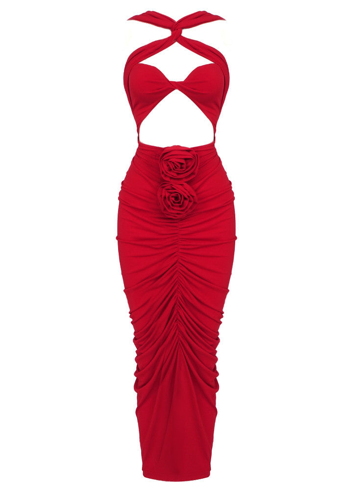 Halter Floral Ruched Maxi Dress Red