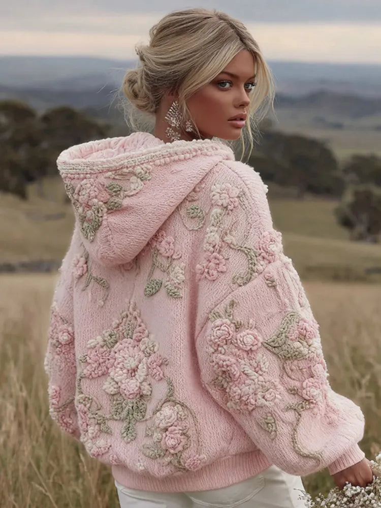 Women's Floral Embroidery Art Knitted Hooded Sweater