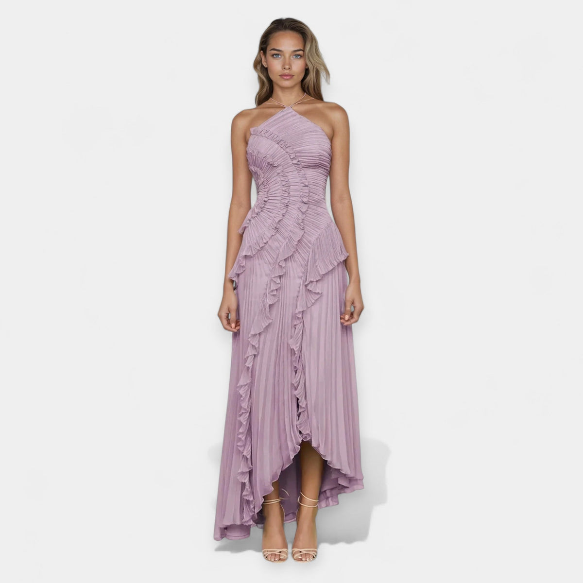 Lilac Midi Dress with Adjustable Ruffles