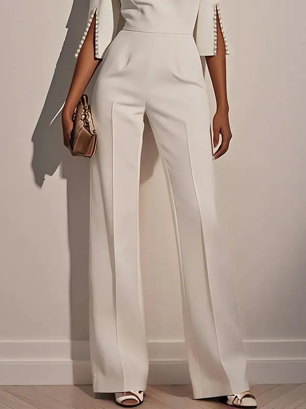 Loose Solid Color Split-Joint Round-Neck Jumpsuits