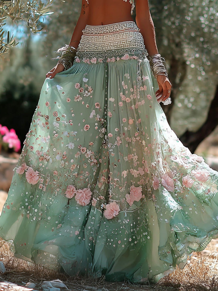 Women's Romantic Vacation Greek Key With Floral Art Linen Blend Casual Skirt