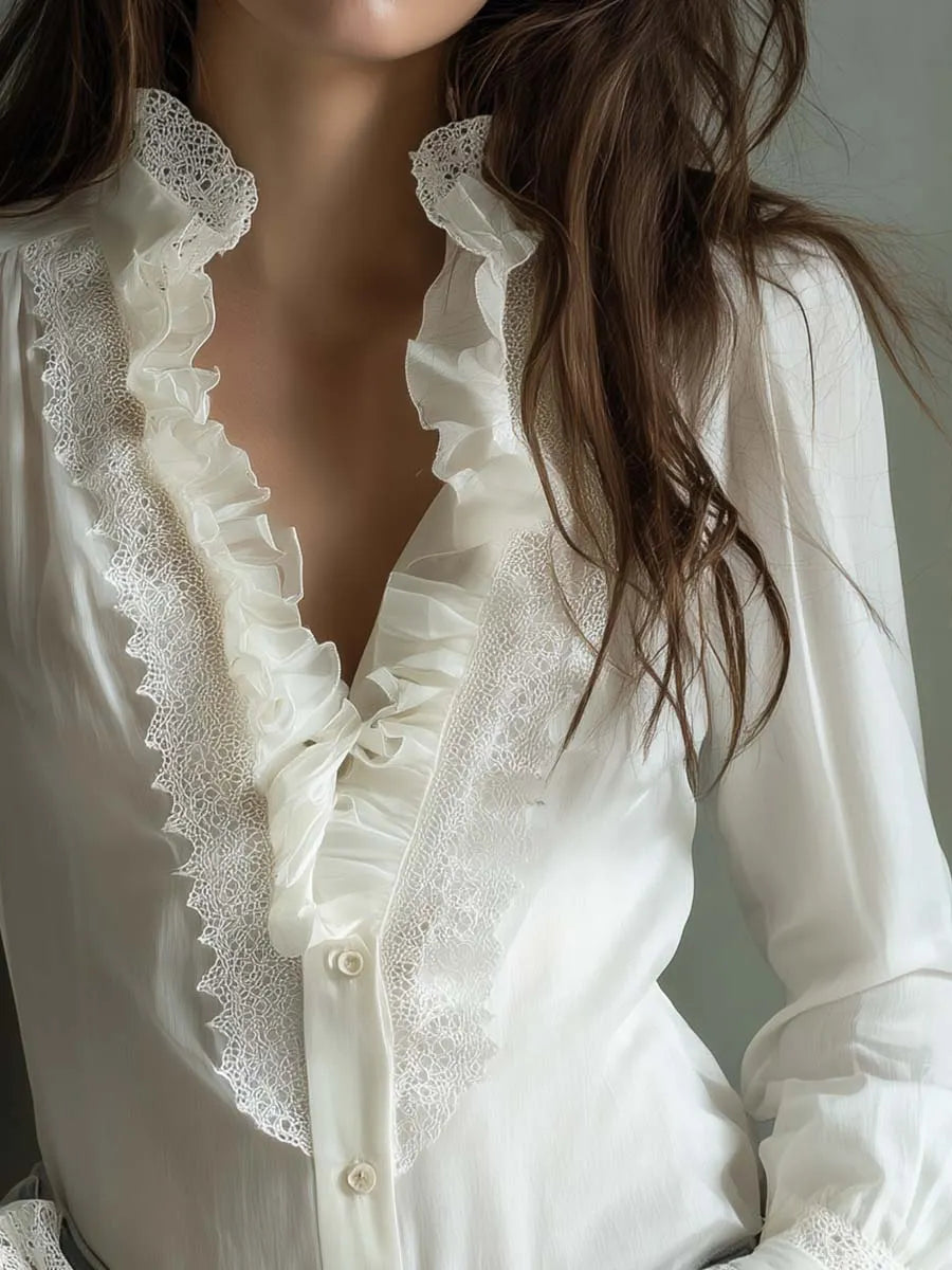 Romantic Ruffled Lace Blouse – Ivory White