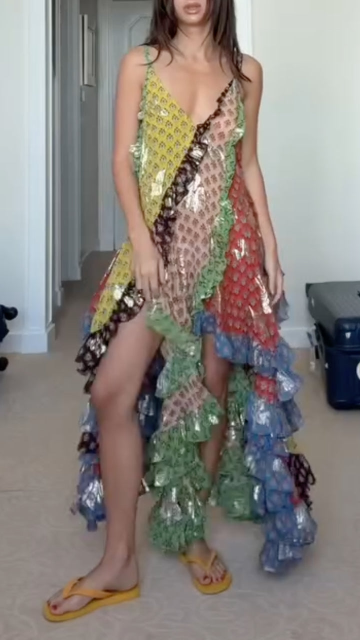 Multicolor Ruffled Patchwork Maxi Dress