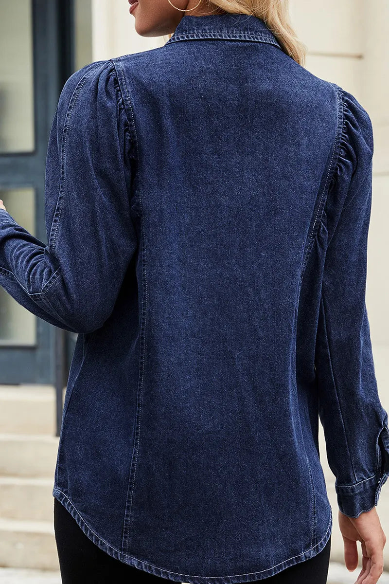 Women's Cropped Denim Shirt With Raw Hem Shoulder Detail