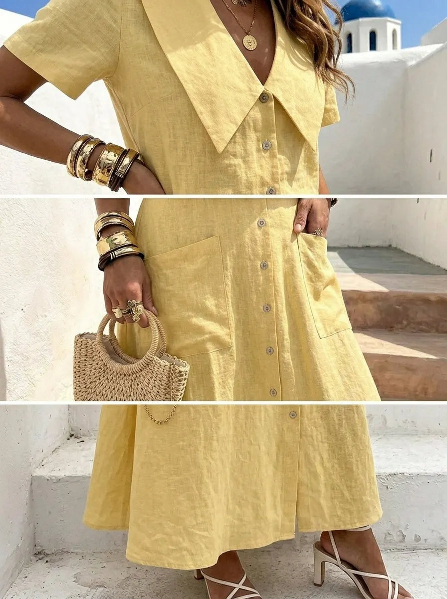 Womenâ€TMs Solid-color Big Collar Cotton Linen Casual Short Sleeve V Neck Button Down Shirts Maxi Dress