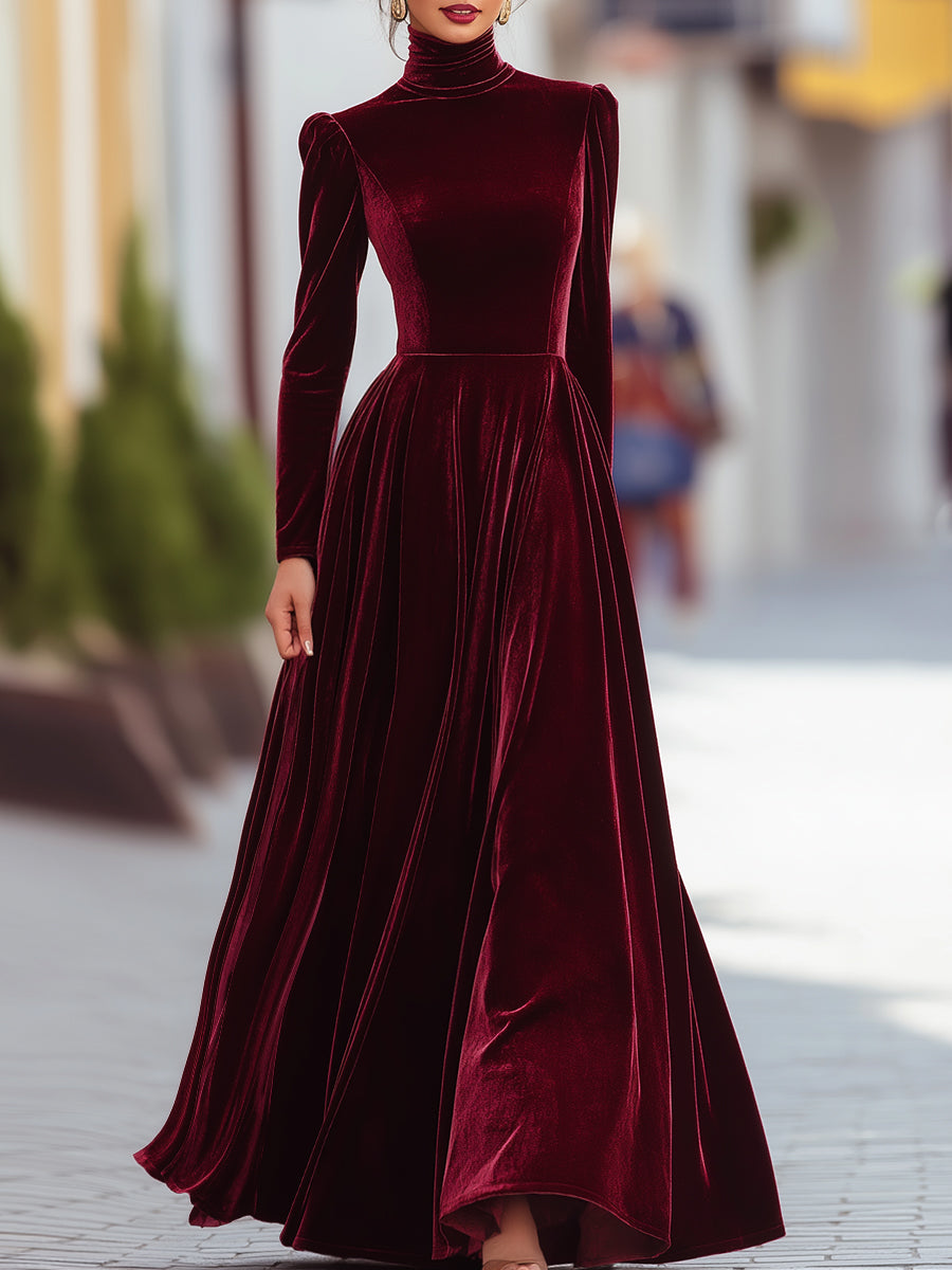 Burgundy Velvet Long-Sleeve Gown