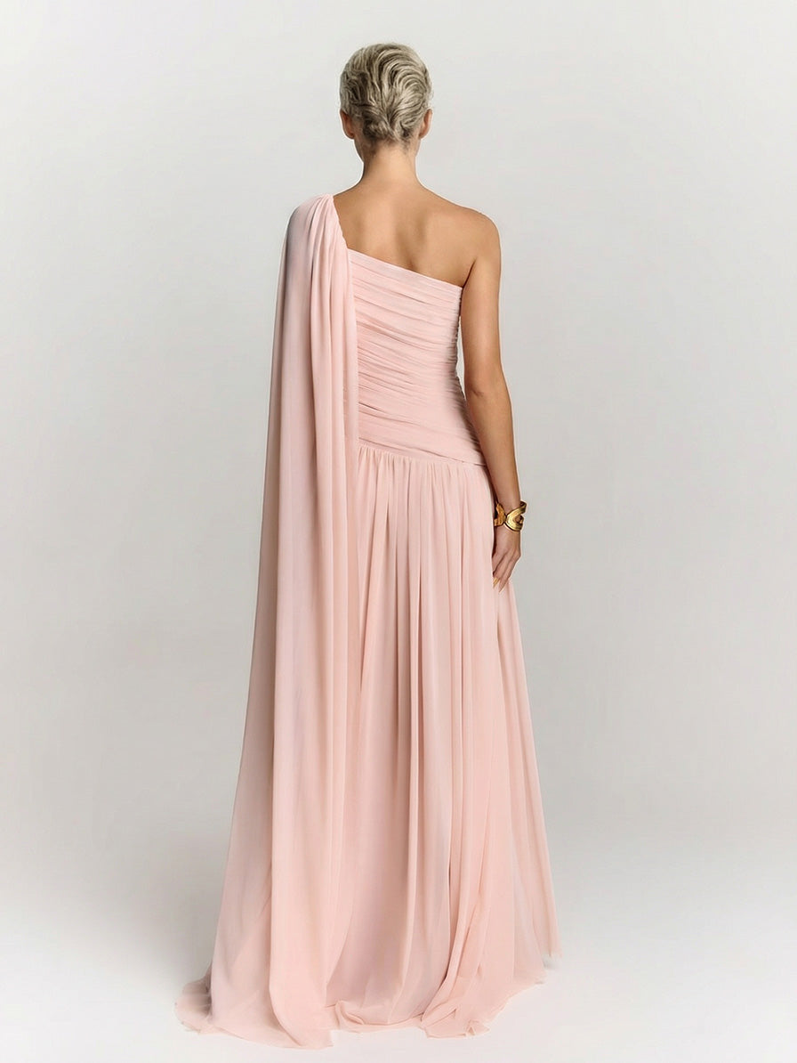 Elegant One-Shoulder Ruched Chiffon Maxi Dress