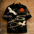 Men's Japanese-style Cherry Blossoms And Cranes Art Linen Short-sleeved Shirt