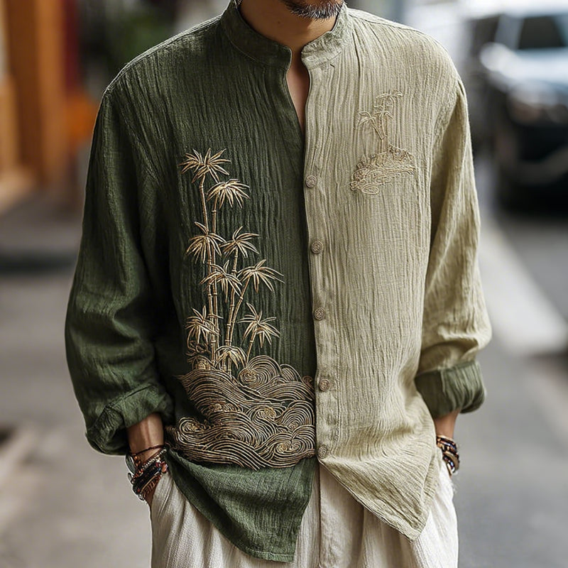 Men's Japanese-style Bamboo Waves Pattern Linen Blend Shirt