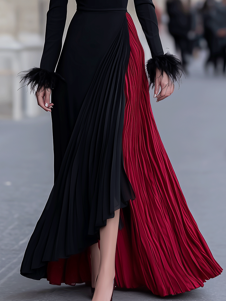 Black And Red Pleated Gown With Feather Cuff Details