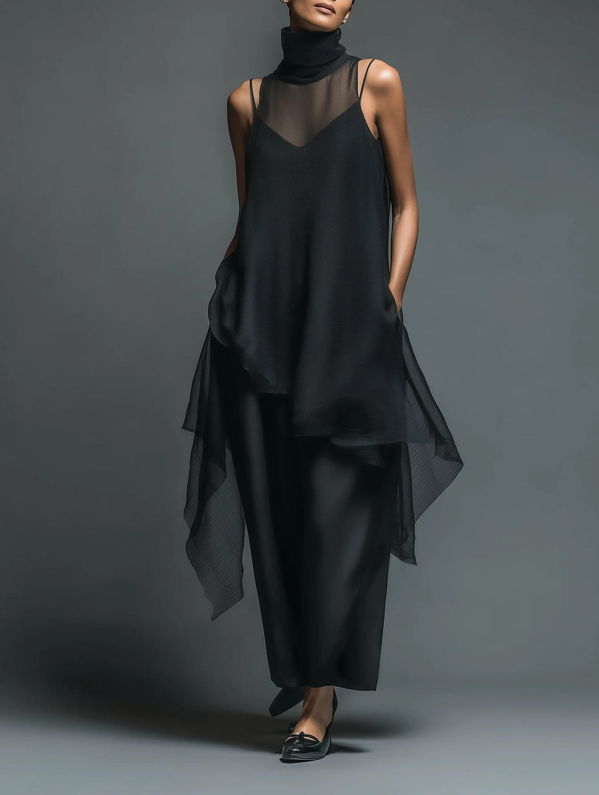 Gurtons Avant-Garde 2-Piece Set - Sheer Mesh Layered Chiffon Maxi Dress in Midnight Black