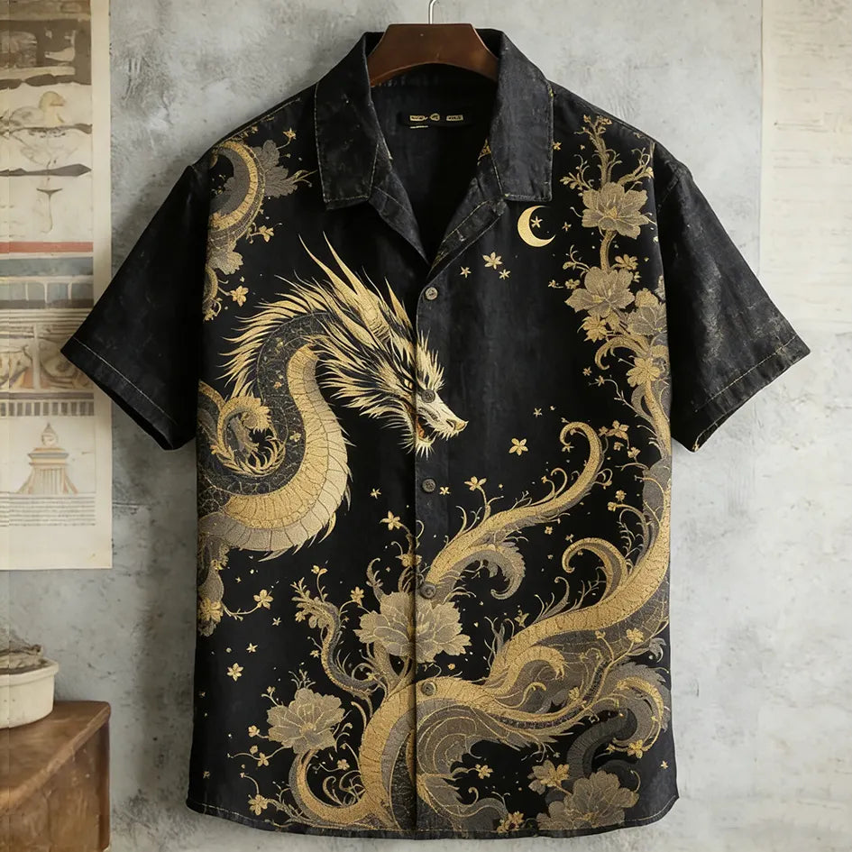 Japanese Art Retro Dragon Pattern Men's Short Sleeve Shirt