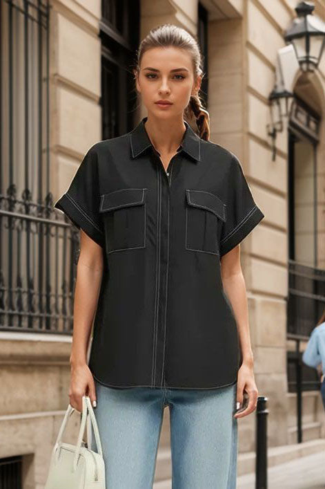 Stitch Detail Front Zip Up Blouse