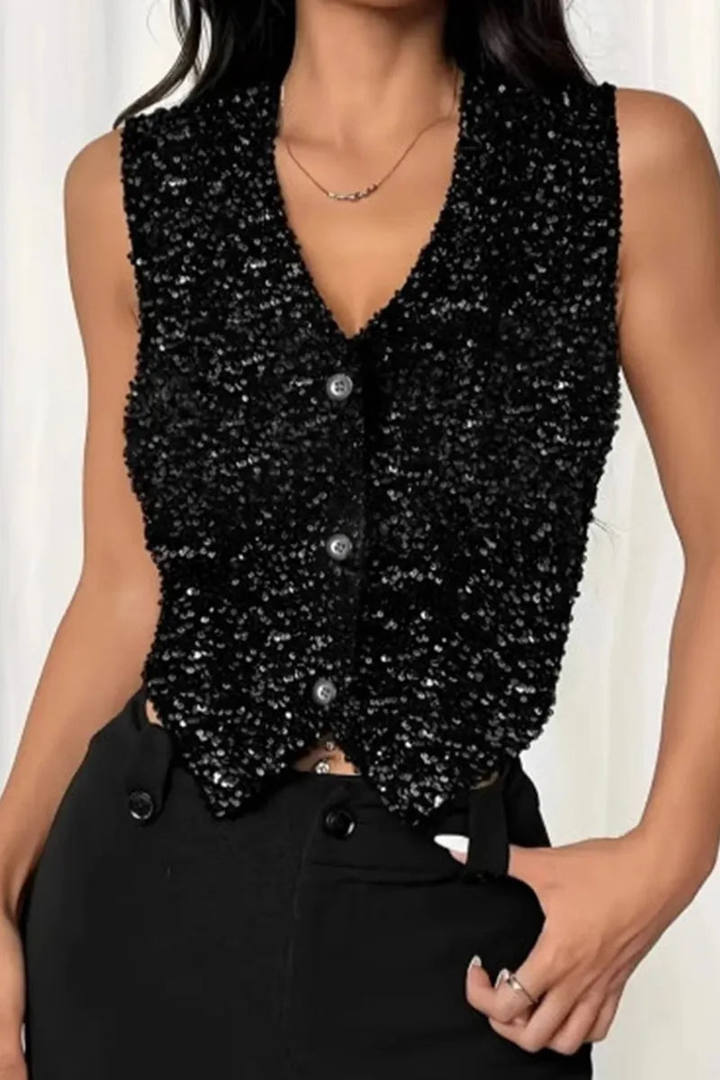 Ladies Heavy Industry Sequin Paneled V-Neck Vest