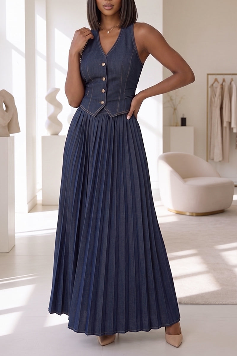 Women's Elegant Denim Vest or Pleated Maxi Skirt