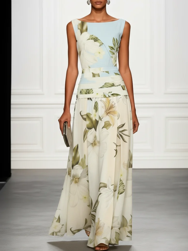 Blue And White Floral Ruffled Boat Neck Sleeveless Maxi Dress