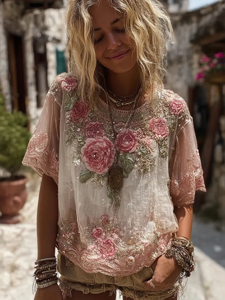 Women's Vintage Pink Floral Pattern Crew Neck T-shirt
