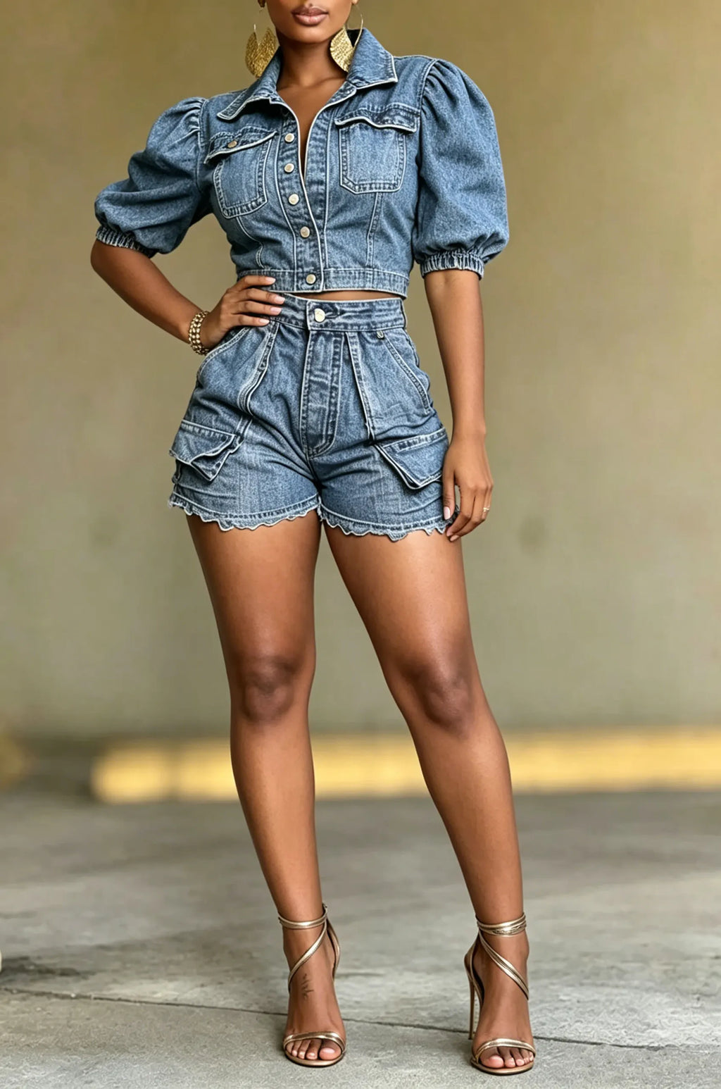 Women's Casual Puff Sleeve Denim Shirt & Shorts