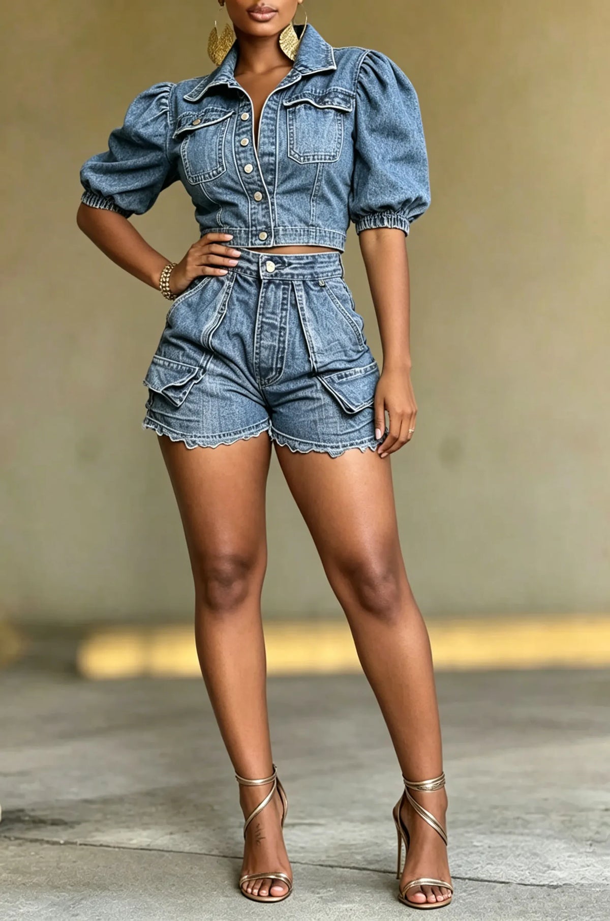 Women's Casual Puff Sleeve Denim Shirt & Shorts