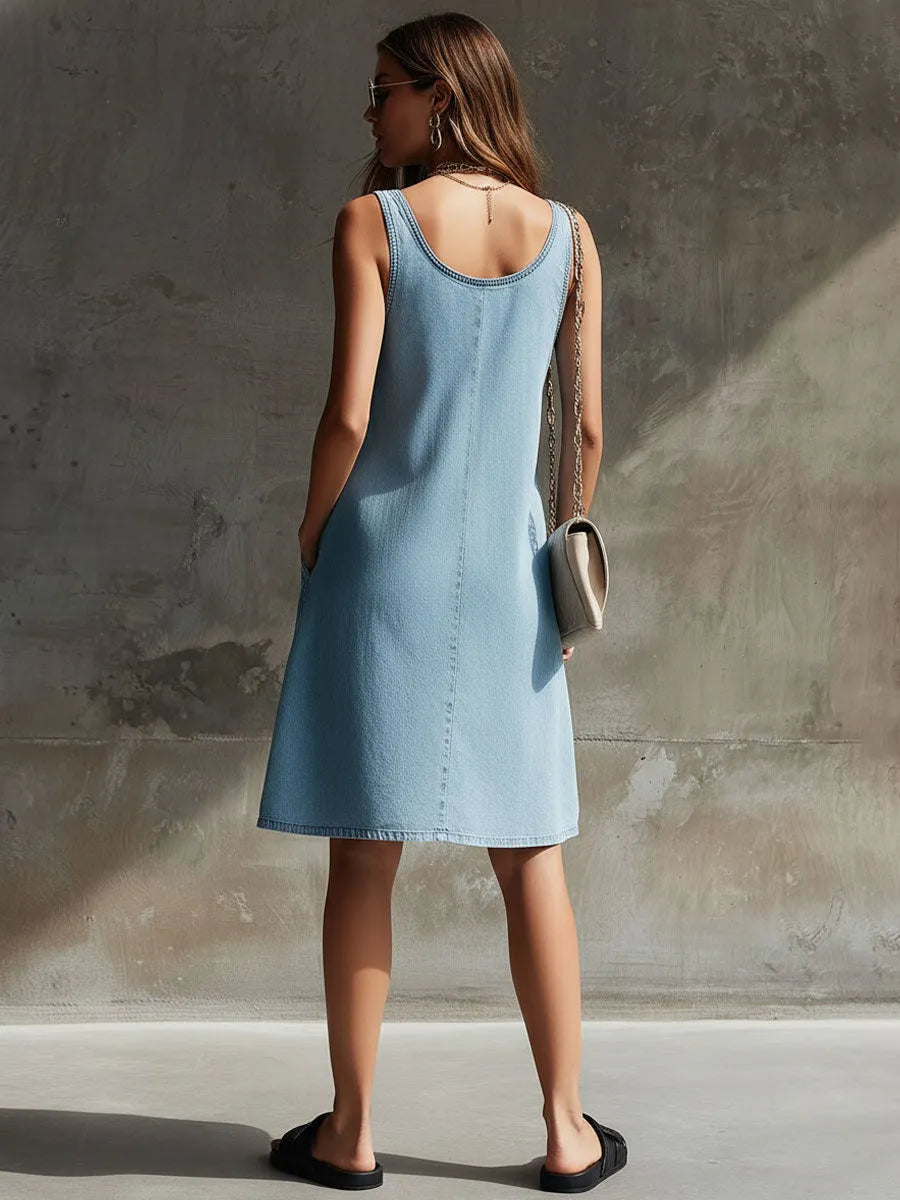 Casual Retro Light Blue Denim Sleeveless Round Neck Mini Dress