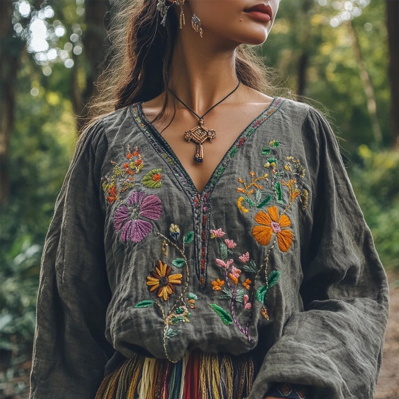 Vintage Boho Floral Embroidered Linen Blend Tunic