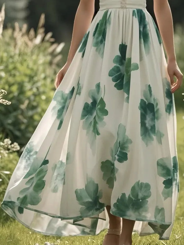 (SIZE:XS-XXL)Linen Maxi Dress, Sleeveless, V neck, Floral, Vintage, Green