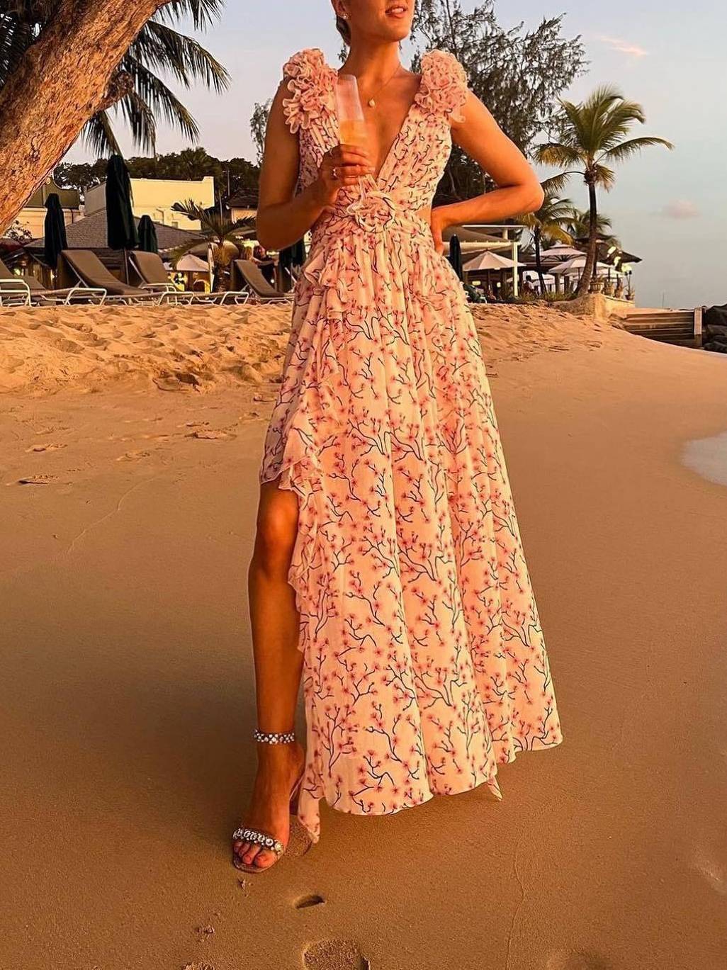 Deep V-neck Floral Hollow Maxi Dress
