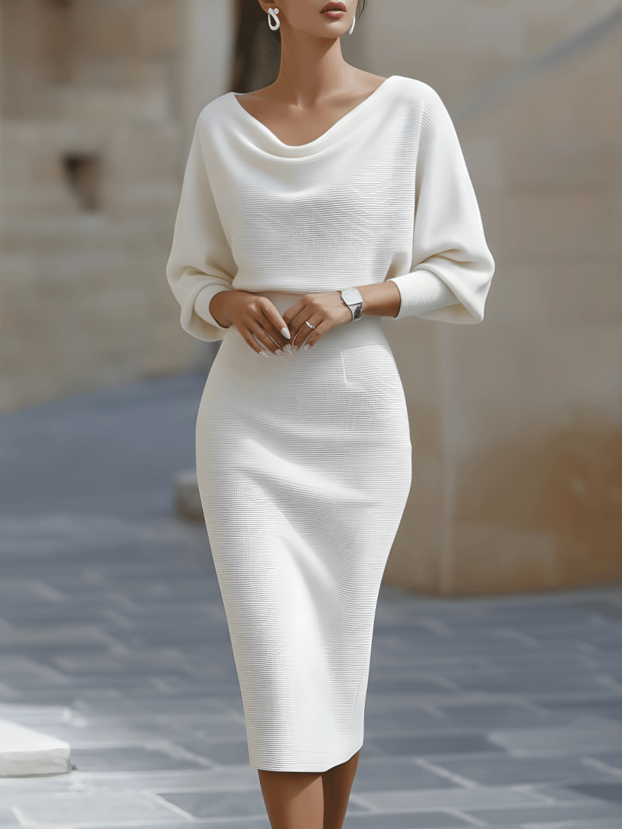 White Draped Batwing Midi Dress