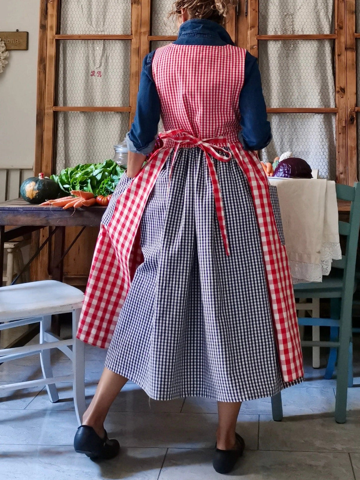 Red and Blue Checked Patchwork Apron