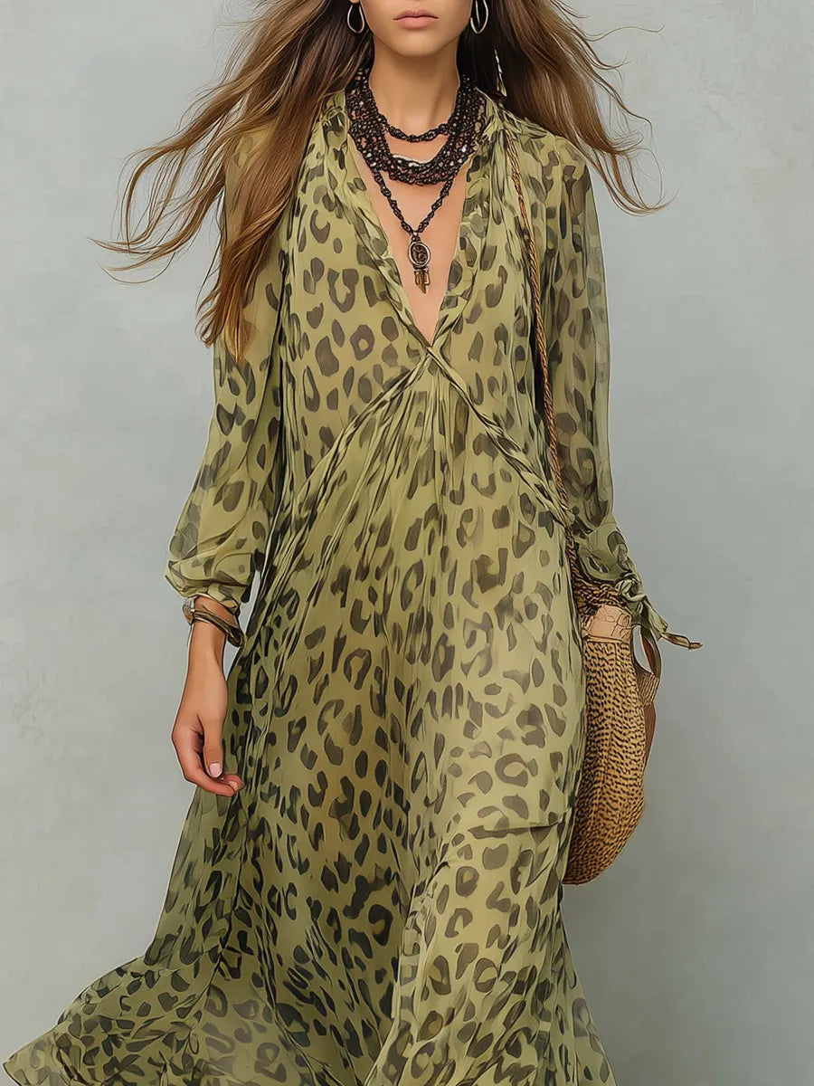 Olive Green Leopard Print Chiffon Long-sleeved Bohemian Dress