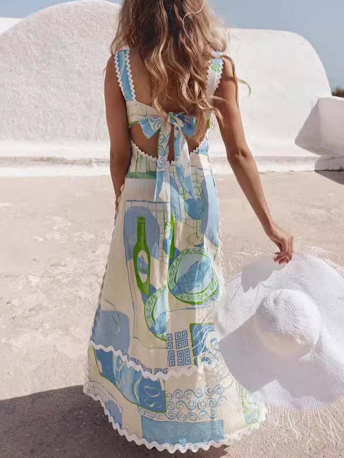 Unique Painted Print Open Back Bow Maxi Dress