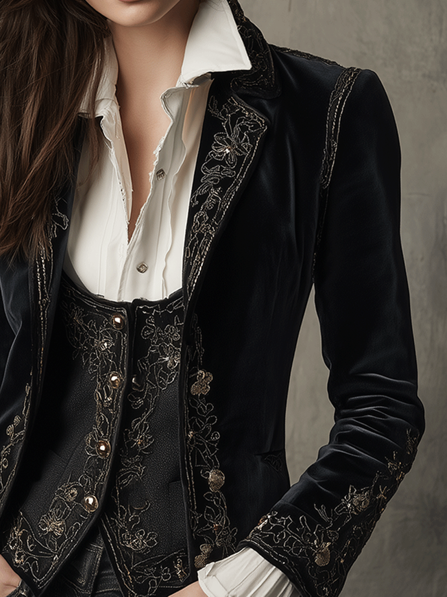 Elegant Black Velvet Embroidered Blazer