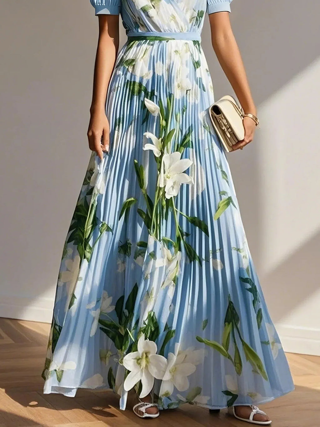 Light Blue Pleated Floral Chiffon V Neck Short Sleeve Balloon Sleeve A-Line Maxi Dress