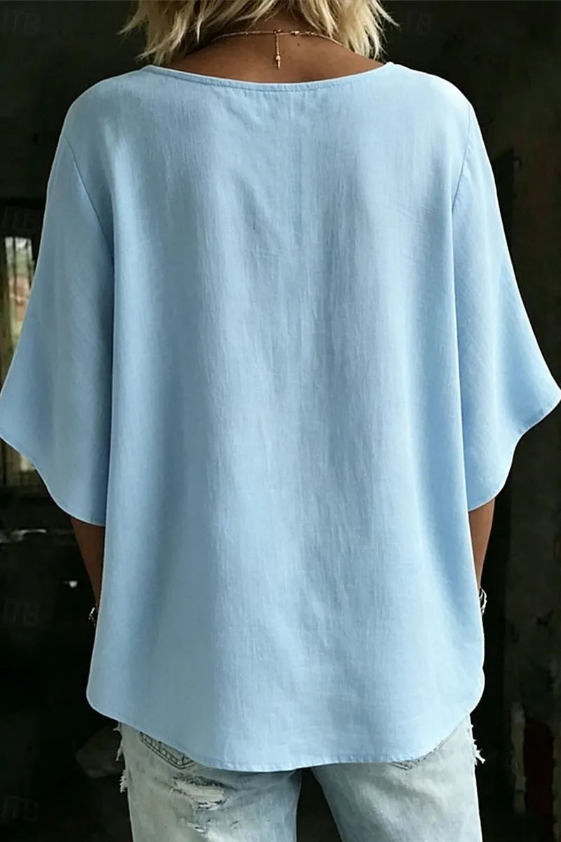 Women's Casual Oversized Linen Blouse, Short Kimono Sleeves