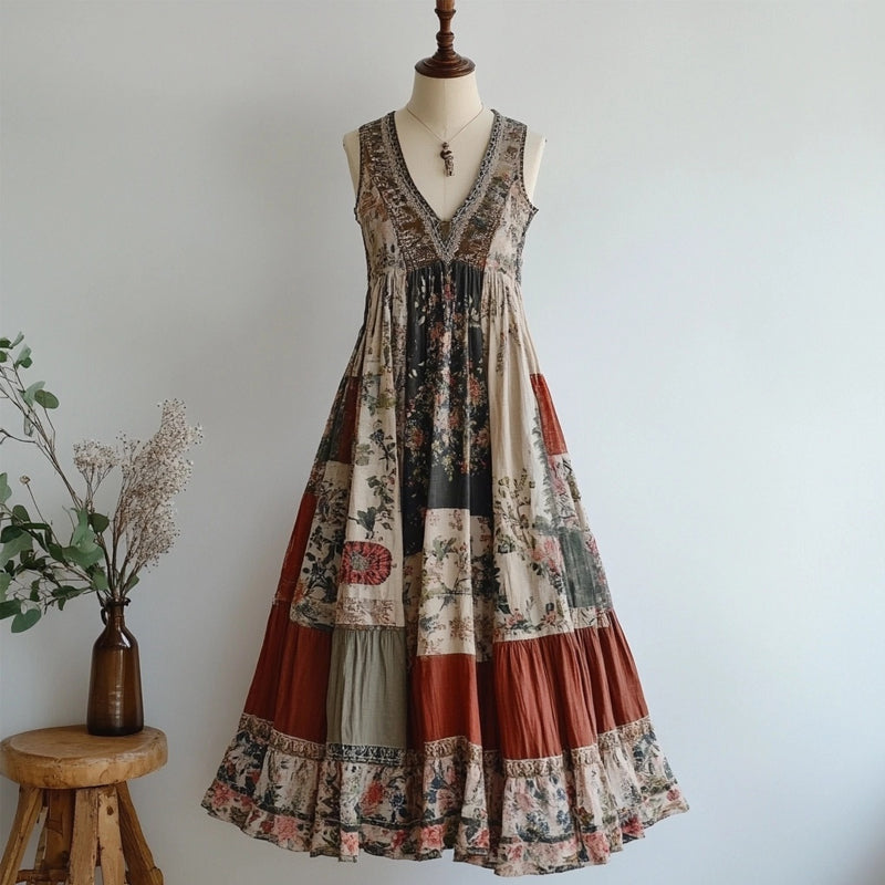 Retro Floral Patchwork V Neck Sleeveless Cozy Linen Dress